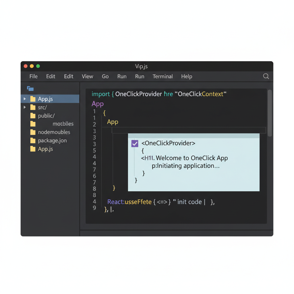 VS Code editor showing React App.js file with import and SDK initialization code, syntax highlighted, minimalist UI