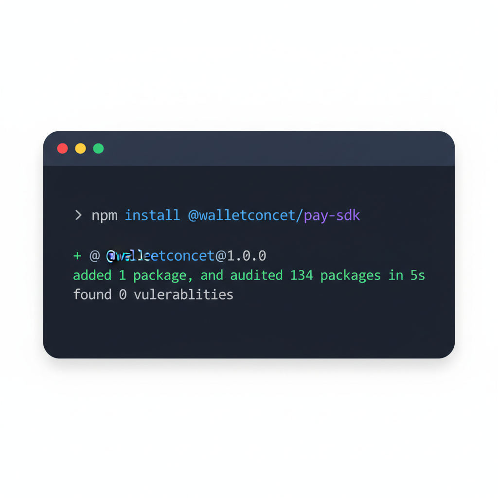 clean terminal window showing npm install @walletconnect/pay-sdk command succeeding, modern dark theme, code syntax highlight