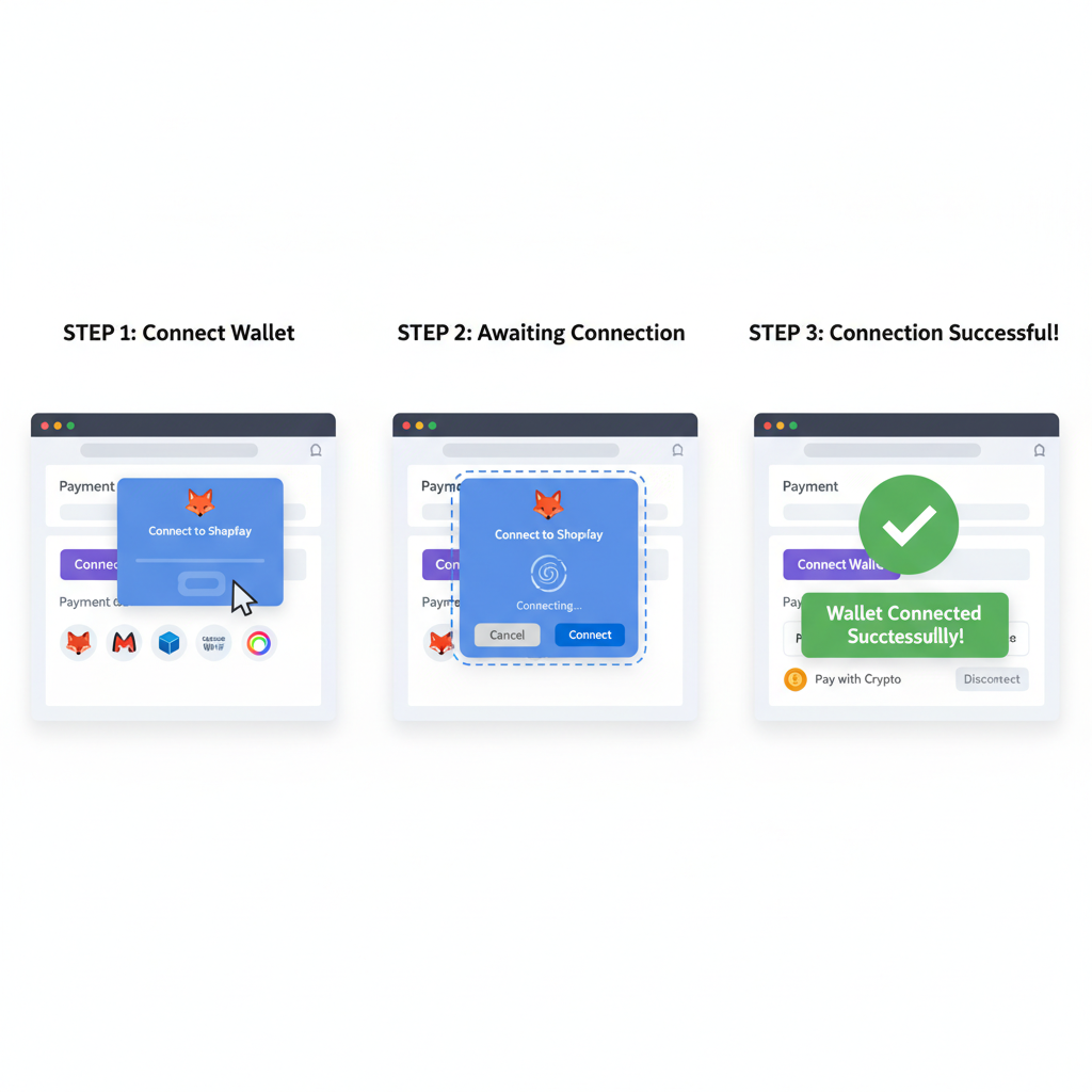 Wallet connection flow on Shopify checkout, MetaMask popup, success confirmation screen