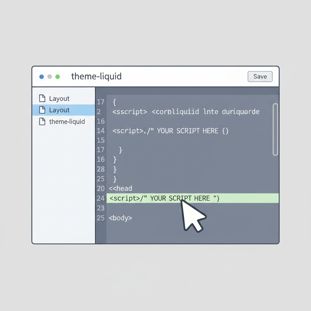 Shopify theme.liquid code editor screenshot, script tag inserted before </head>, clean UI