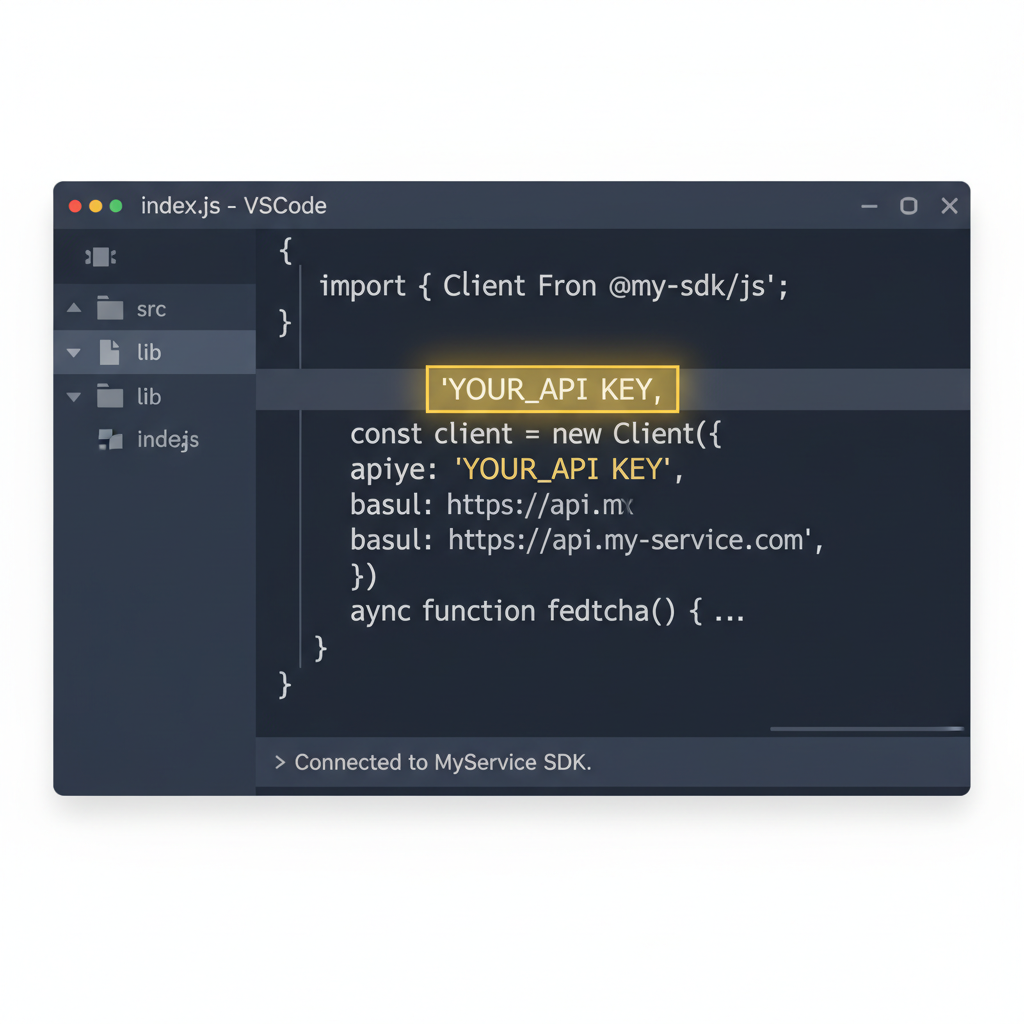 code editor with JavaScript import and SDK initialization, API key highlighted, professional UI