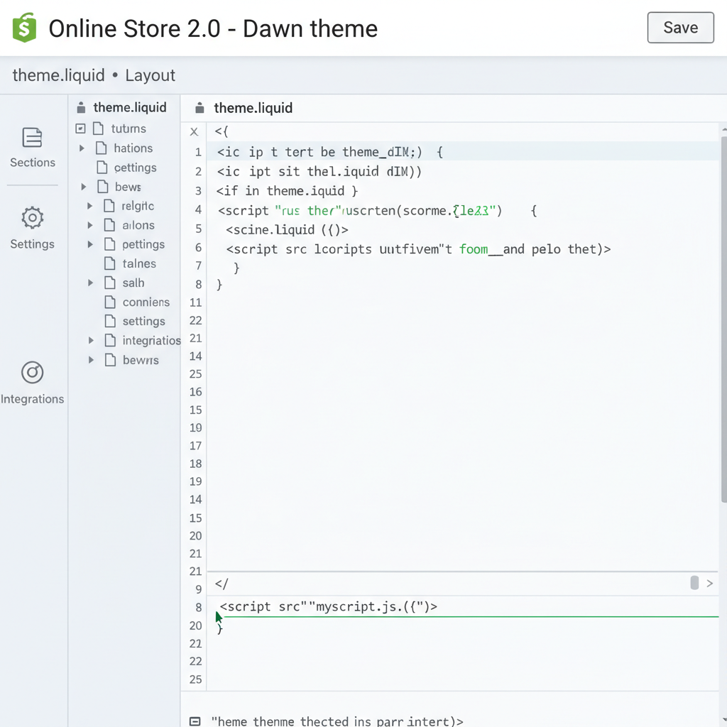 Shopify theme editor with theme.liquid open, cursor adding script tag before head close, clean professional UI