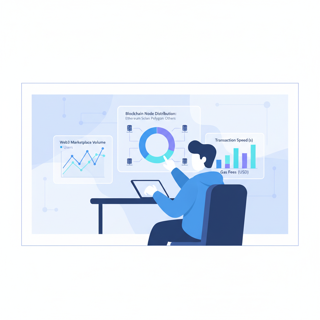 developer analyzing charts of Web3 marketplace metrics, blockchain nodes, blue tones