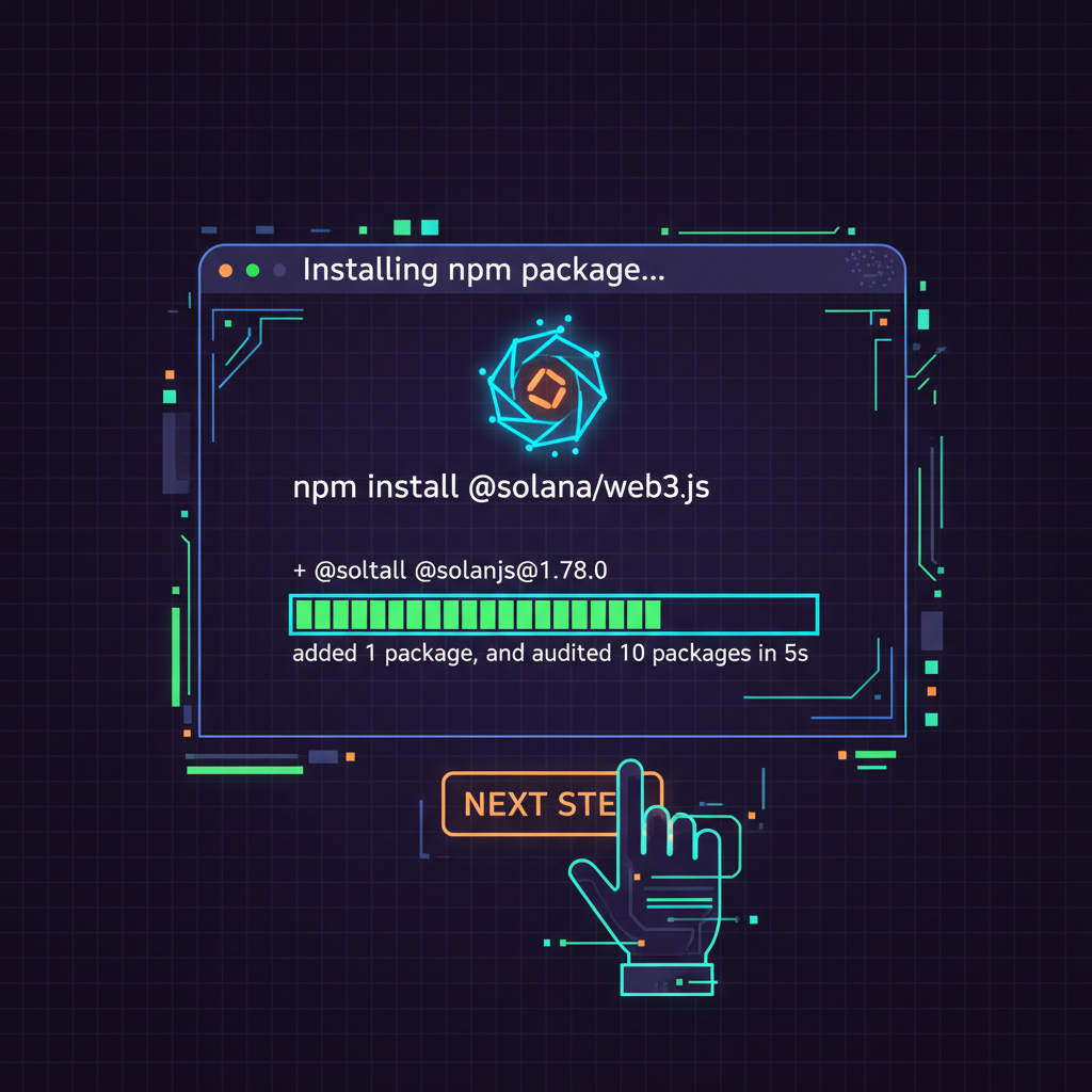 terminal installing npm package, solana logo glowing, cyberpunk style
