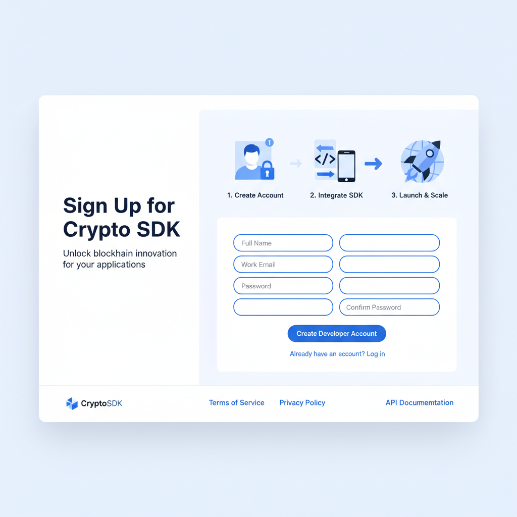 clean web dashboard signup page for crypto SDK, modern UI, blue accents, developer focused