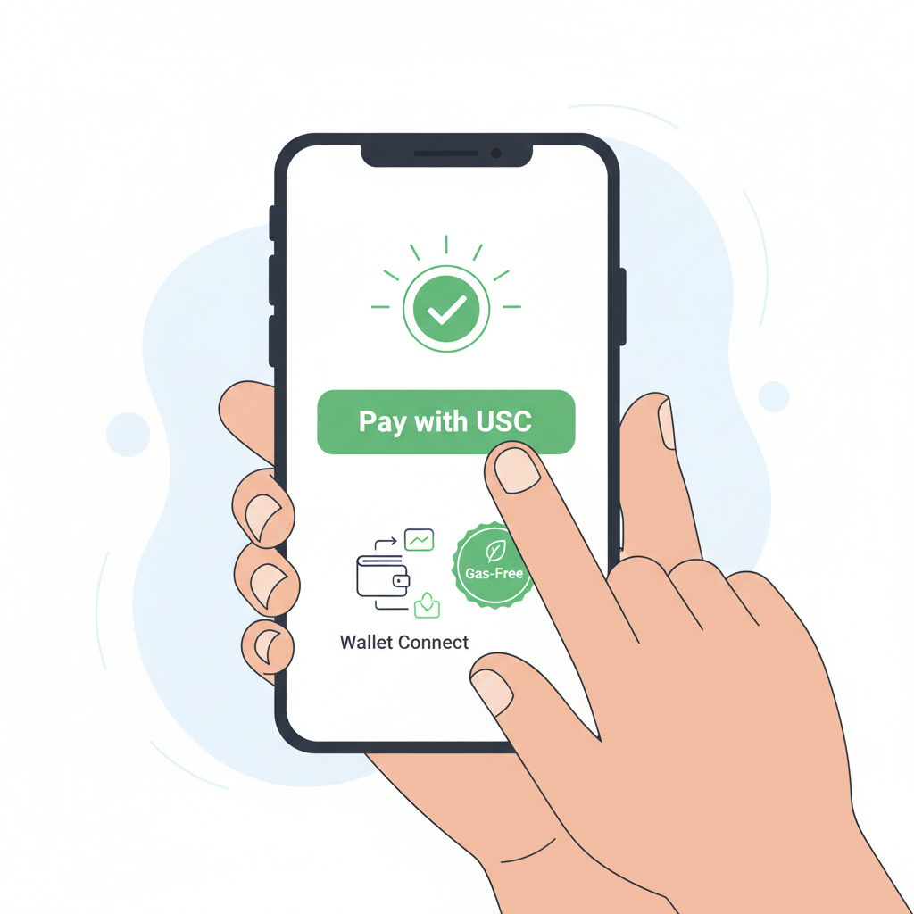 tester clicking USDC payment button on mobile, green success animation, wallet connect, gas-free badge