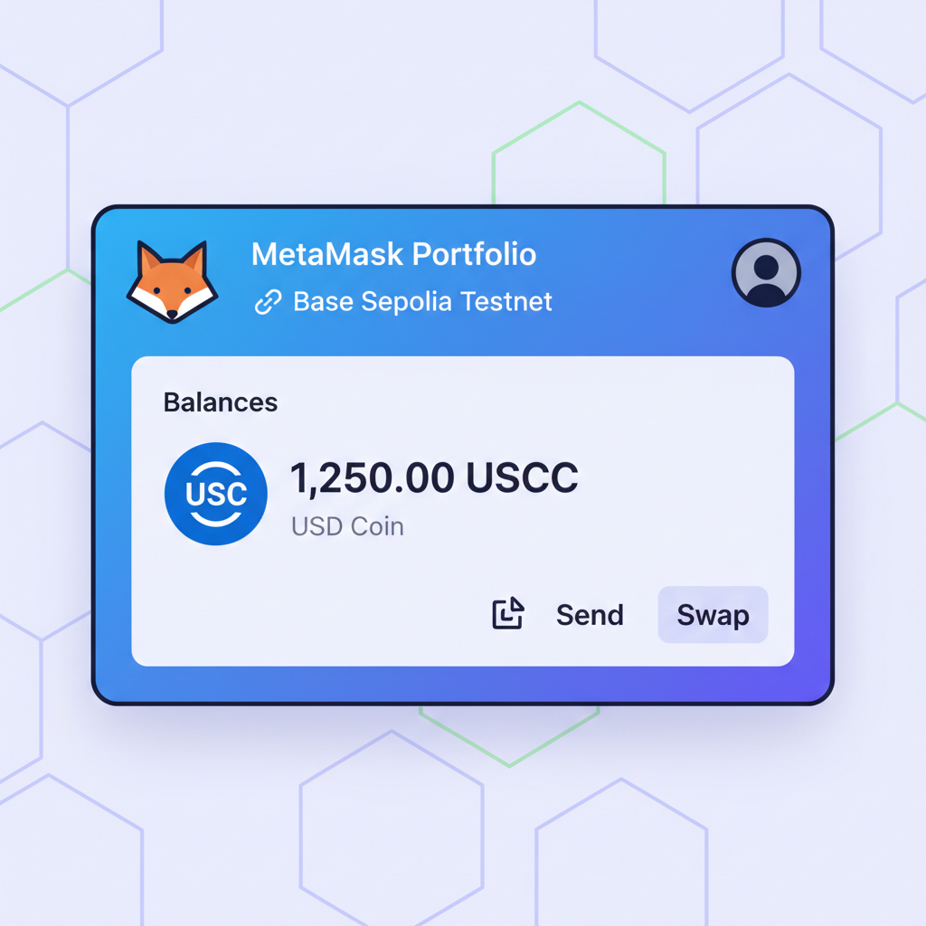 MetaMask wallet connected to Base testnet with USDC balance visible, crypto theme