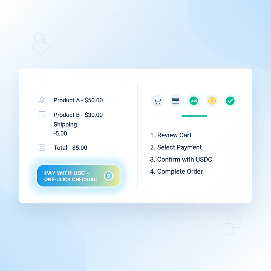 ecommerce cart page with prominent glowing USDC one-click checkout button, modern web3 UI