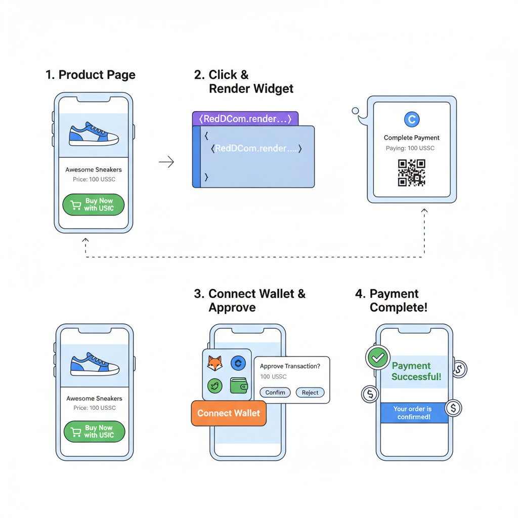 code snippet embedding react widget for usdc checkout on ecommerce product page