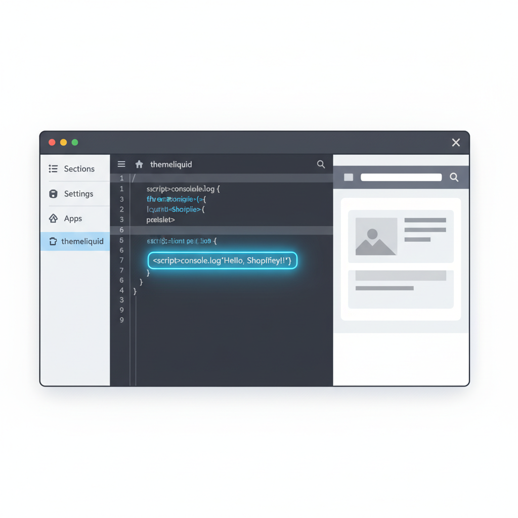 Shopify theme editor with script code highlighted in theme.liquid file, code syntax glow