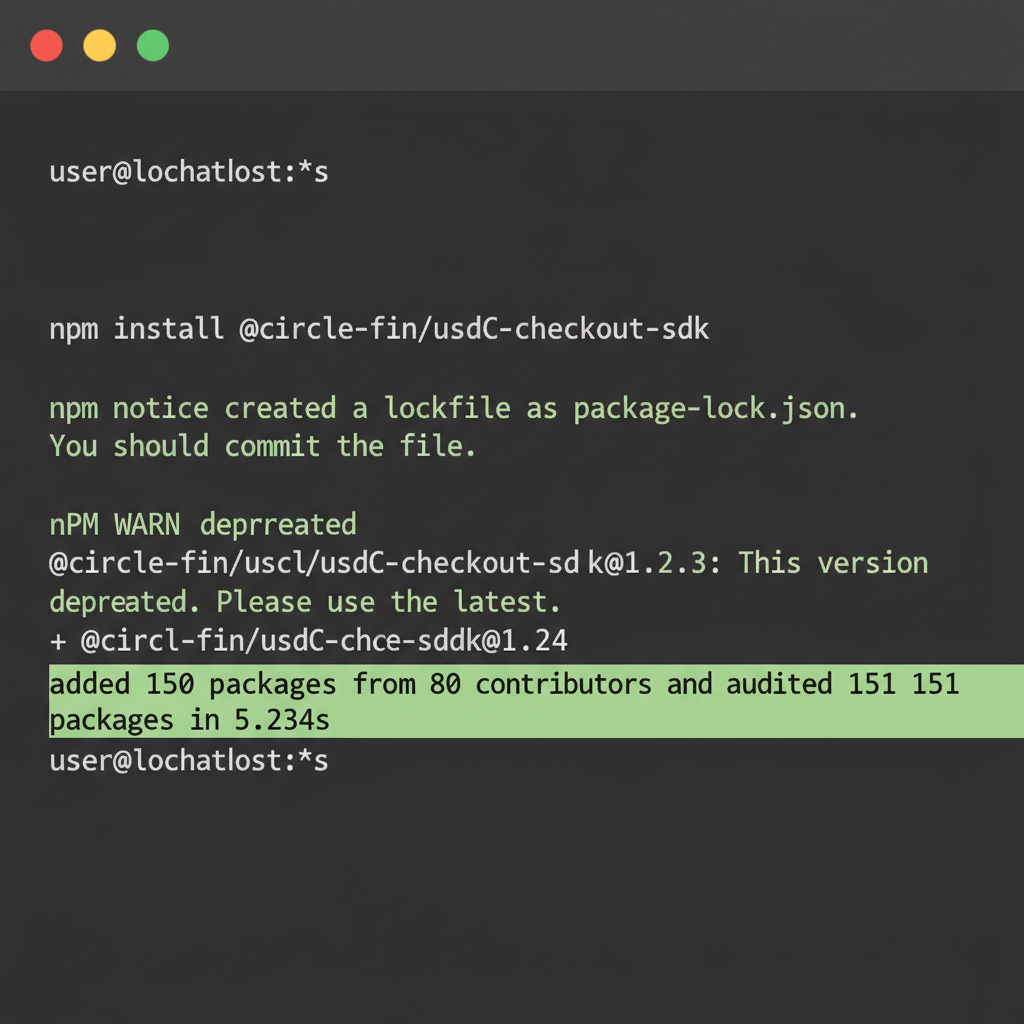 clean terminal screen showing npm install command for usdc checkout sdk succeeding