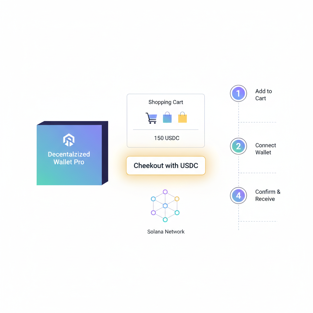 e-commerce product page with glowing USDC checkout button, shopping cart icon, Solana network visualization