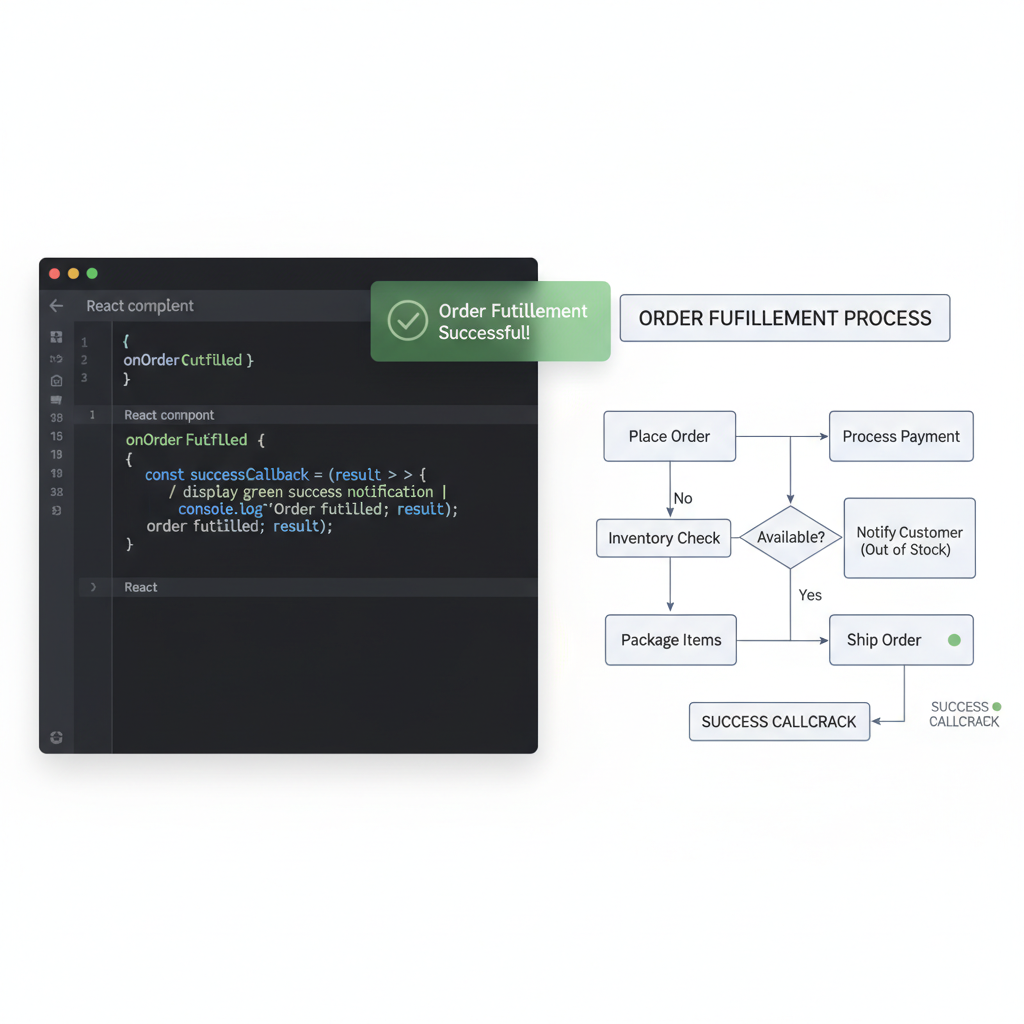 code editor displaying success callback function in React component, green checkmark icon, fulfillment flow diagram