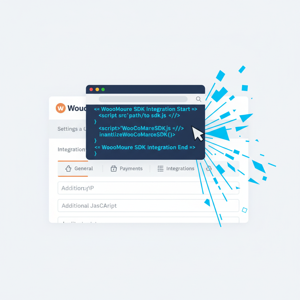 Code editor inserting SDK script into WooCommerce settings, electric blue code lines, dynamic energy burst