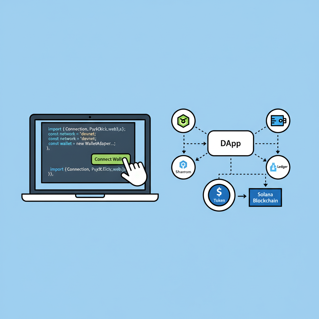 Solana developer configuring wallet connection code, network diagram with USDC token