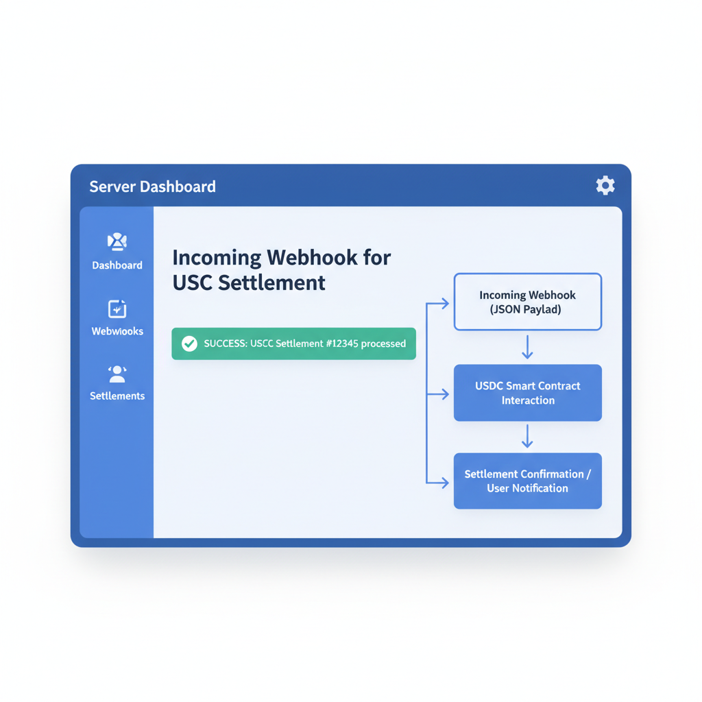 server dashboard showing incoming webhook for USDC settlement, success notification, data flow diagram