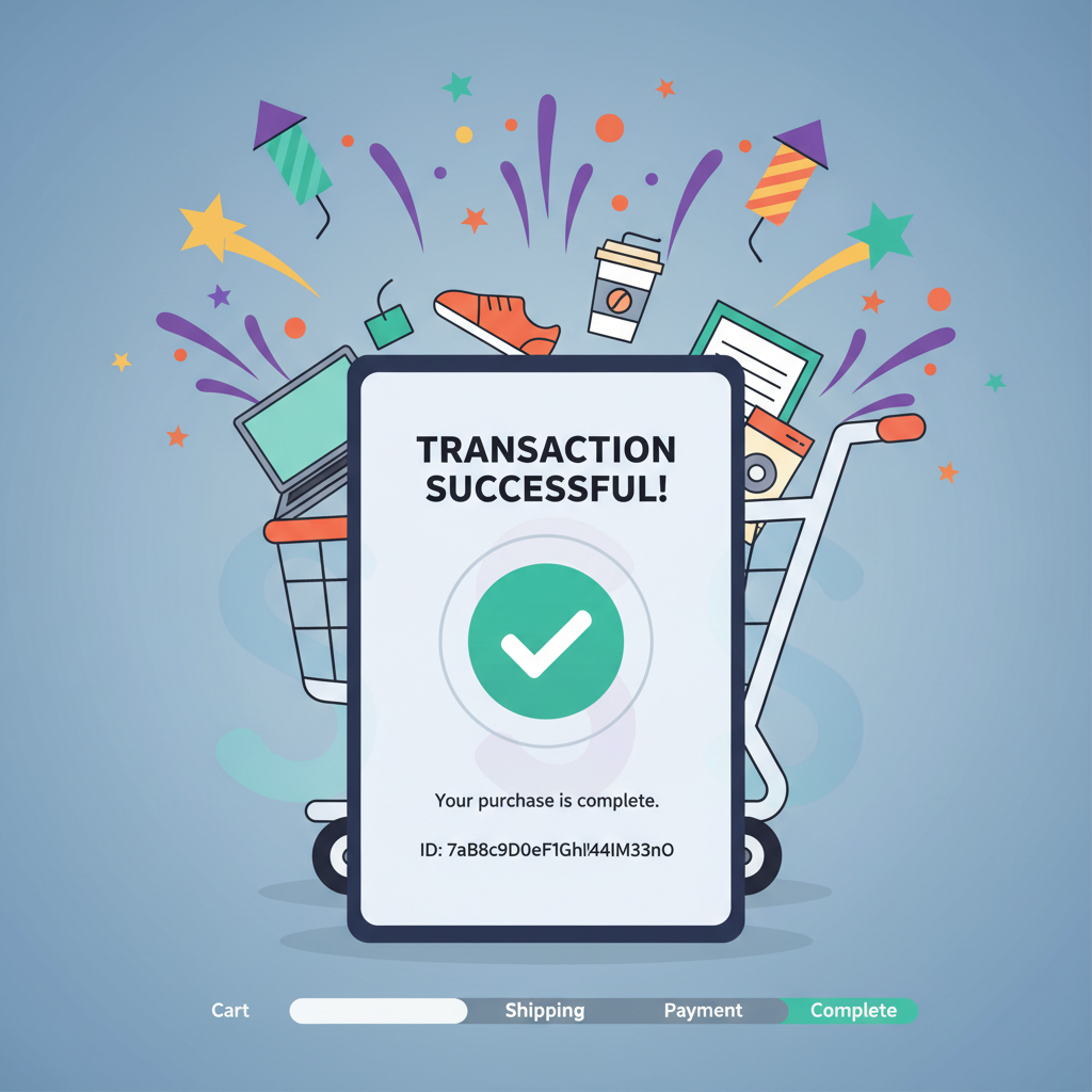 live solana transaction success screen, fireworks explosion, e-commerce cart checkout triumph