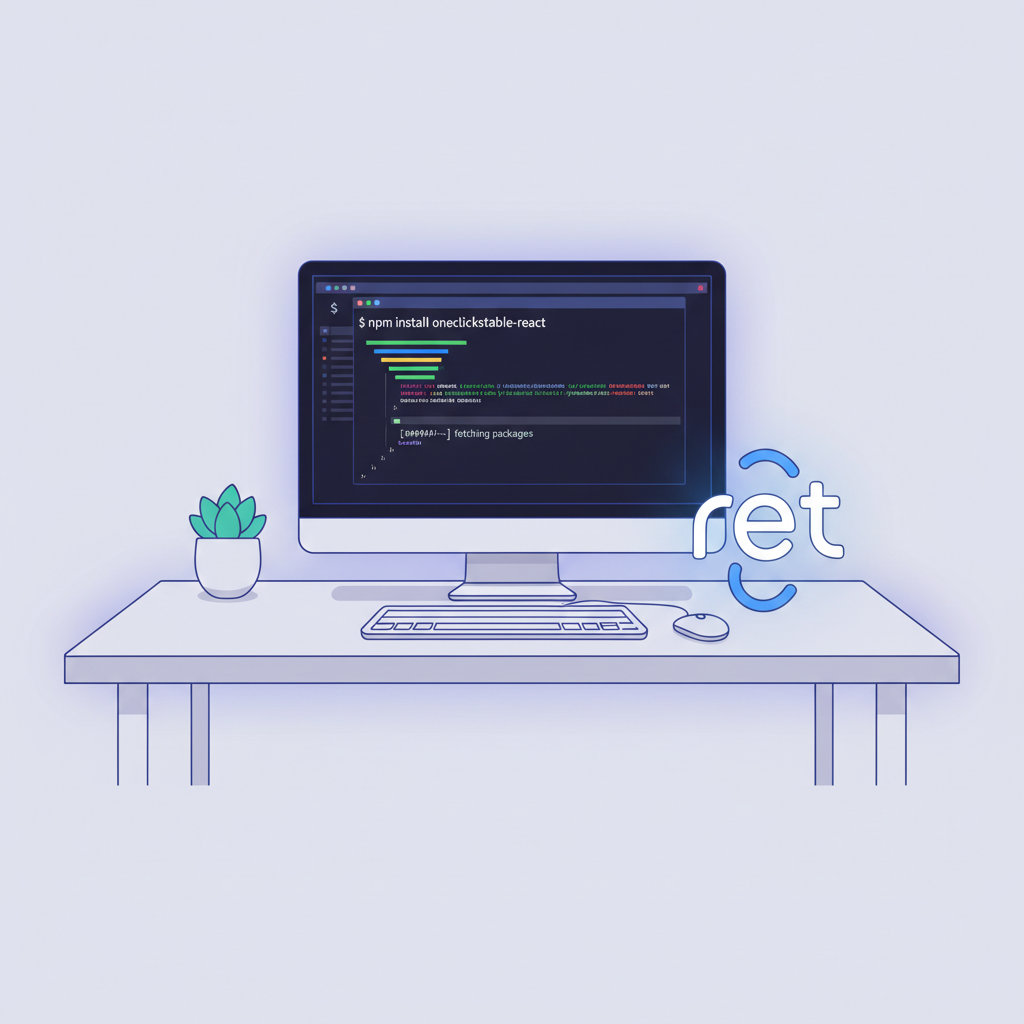 clean terminal window executing npm install oneclickstable-react command, modern dark theme, code syntax highlight