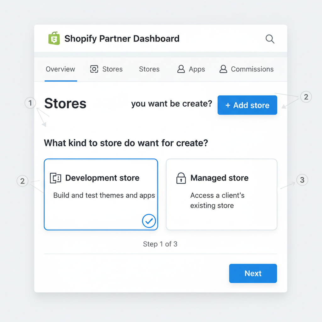 Shopify partner dashboard creating sandbox store, clean UI, professional