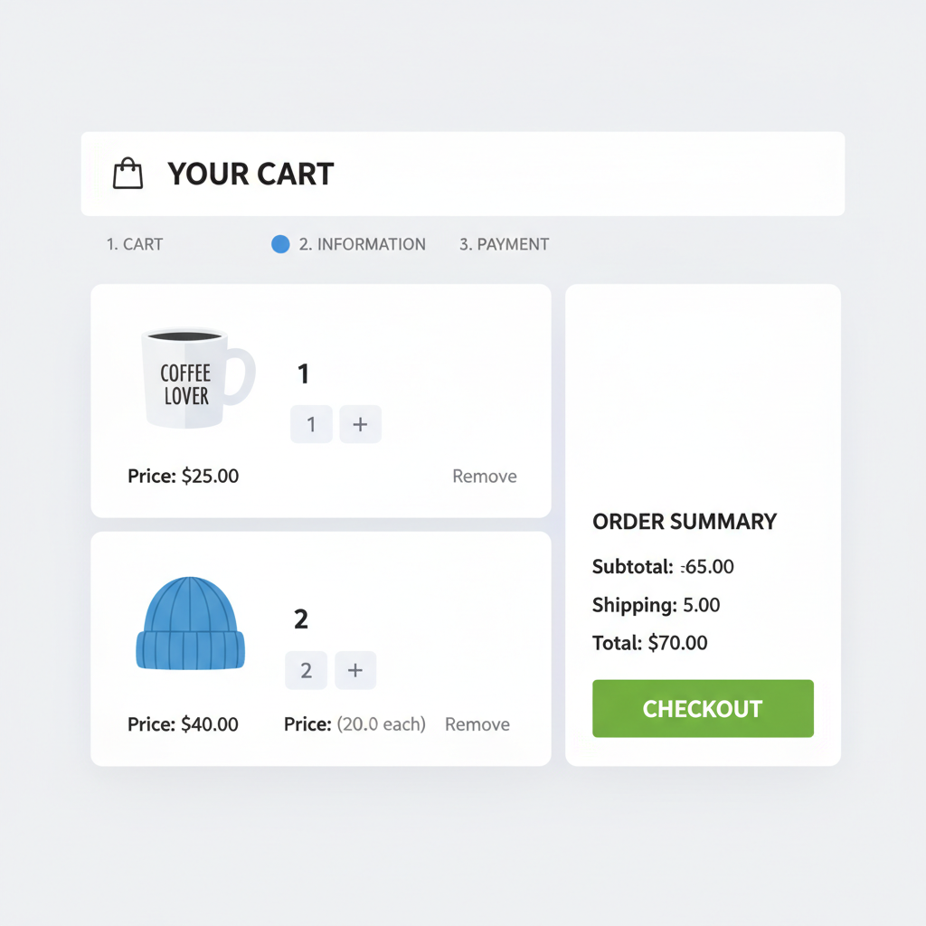 Shopify store cart with products added, modern e-commerce UI