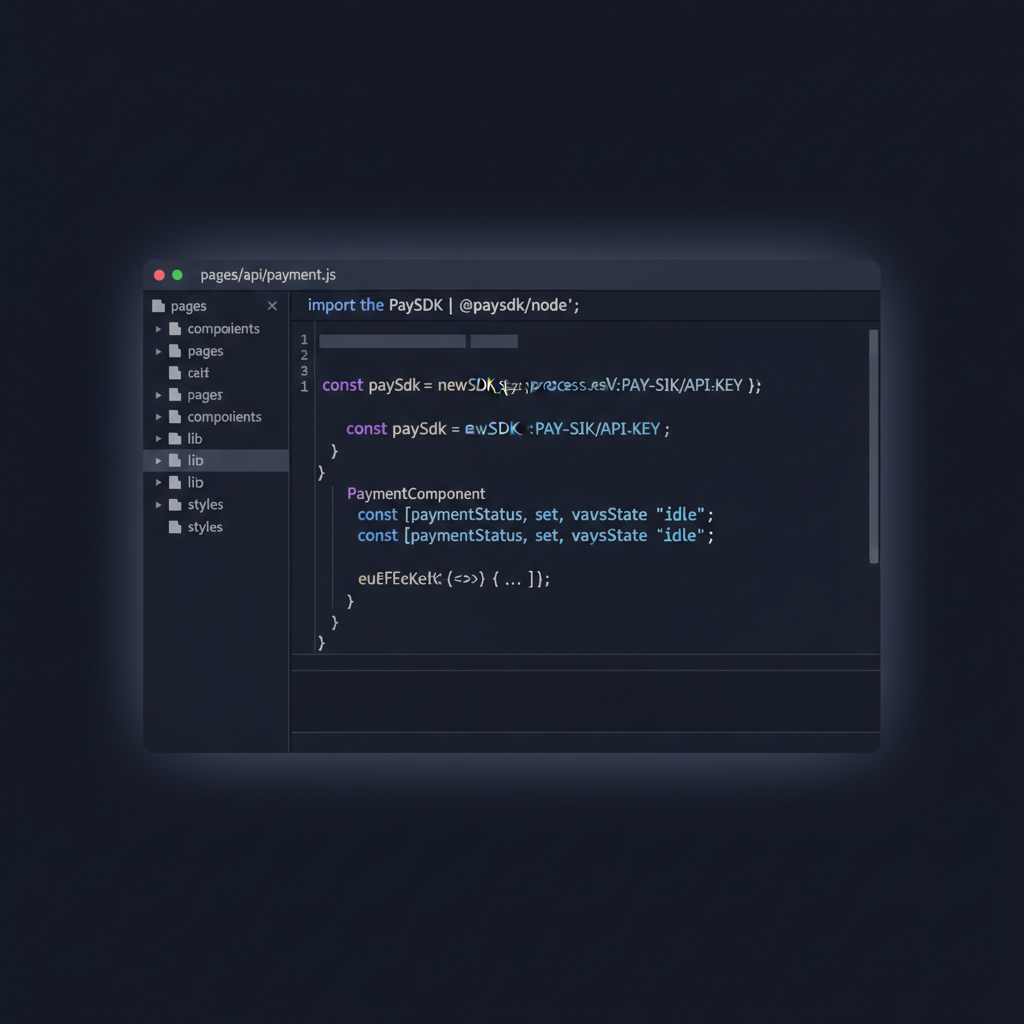 Next.js code editor with PaySDK import and initialization code, React hooks visible, dark VS Code theme