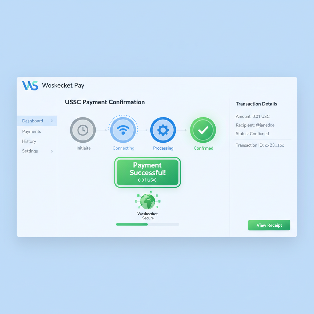 UI dashboard showing WebSocket confirmation animation for USDC payment success