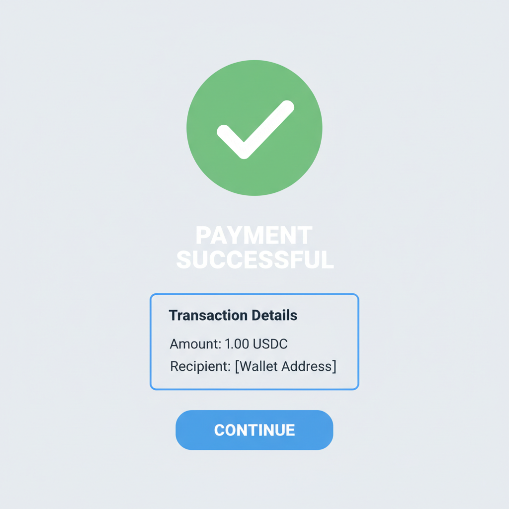 successful USDC payment confirmation screen, green checkmark, transaction details with $1.00 USDC