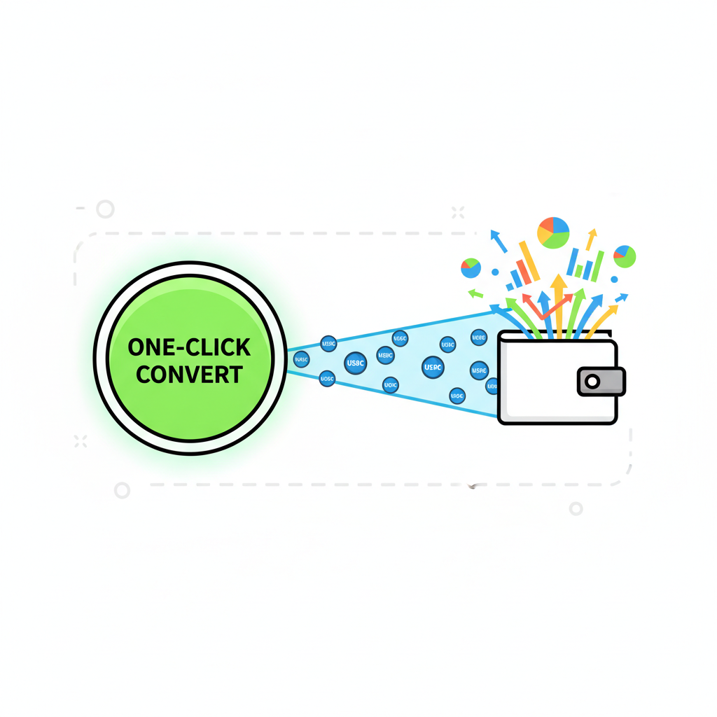 one-click button firing USDC laser beam to wallet, explosion of conversion charts upward