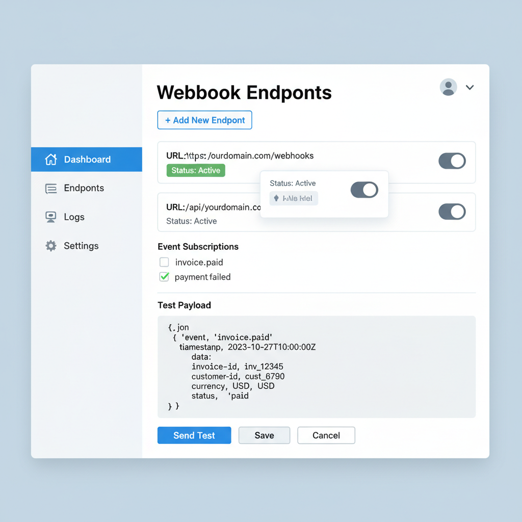 webhook configuration dashboard with success event payload example